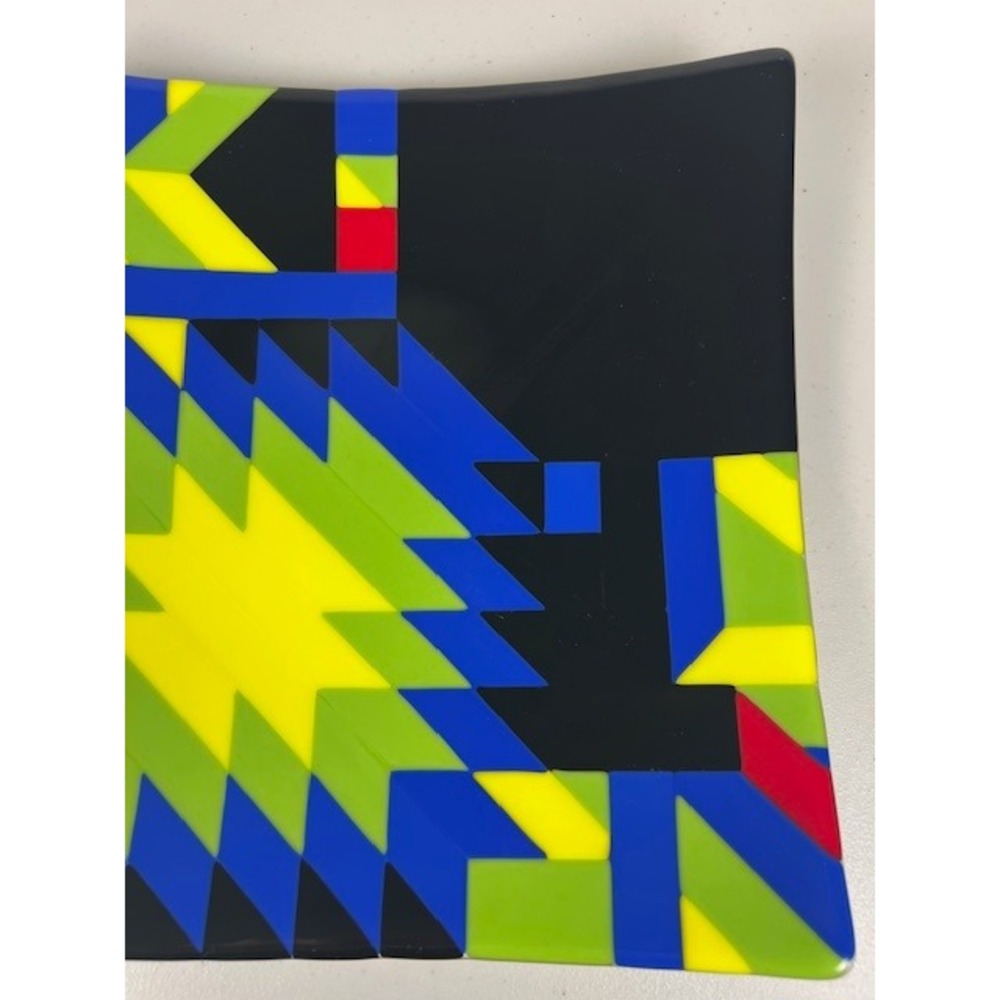 Handcrafted Fused Glass Square Console Abstract Geometric Black Blue Yellow 12in - Picture 6 of 10